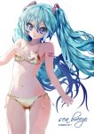  1girl 2017 aqua_hair aqua_nails bikini blue_eyes breasts hatsune_miku highres long_hair nail_polish navel side-tie_bikini simple_background small_breasts solo swimsuit takepon1123 tattoo twintails very_long_hair vocaloid white_background yellow_bikini 