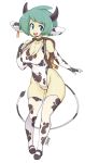  1girl :d animal_ears animal_print artist_name backpack bag bell blue_eyes breasts choker cleavage covered_navel cow_ears cow_girl cow_horns cow_print cow_tail earrings elbow_gloves fingerless_gloves freckles full_body gloves green_hair highres horns jewelry looking_at_viewer medium_breasts open_mouth original short_hair simple_background slugbox smile solo standing tail thigh-highs white_background white_legwear yellow_skin 