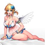  1girl :d angel angel_wings arm_at_side arm_support armlet babydoll bangs bare_arms bare_legs bare_shoulders barefoot bead_bracelet beads bed_sheet blonde_hair blue_bow blue_bowtie blue_eyes blue_flower bow bow_panties bowtie bra bracelet breasts cain_(grt1125) choker cleavage collarbone eyebrows_visible_through_hair eyelashes fang feathered_wings feet flower frills gem hair_between_eyes hair_flower hair_ornament highres jewelry large_breasts lingerie looking_at_viewer makeup mascara midriff navel necklace on_bed open_mouth original panties scrunchie see-through short_hair sidelocks simple_background sitting sitting_on_bed smile solo spread_fingers stomach toes two_side_up underwear underwear_only white_background white_bra white_panties white_wings wings wrist_scrunchie yokozuwari 