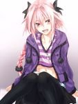  1boy :d animal_hood black_bow black_legwear bow braid bunny_hood commentary drawstring fang fate/apocrypha fate/grand_order fate_(series) hair_between_eyes hair_ribbon highres hood long_hair looking_at_viewer male_focus midriff navel open_mouth pantyhose pink_eyes pink_hair pom_pom_(clothes) ribbon rider_of_black shirt silve single_braid skirt smile striped striped_shirt trap violet_eyes 