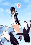  1girl ? bird black_hair commentary flat_chest headphones hood hoodie humboldt_penguin humboldt_penguin_(kemono_friends) jpeg_artifacts kemono_friends penguin shoes short_hair sneakers solo_focus standing typo_(requiemdusk) 