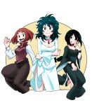  3girls :p alternate_costume asui_tsuyu blush boku_no_hero_academia braiding_hair breasts brown_eyes brown_hair cleavage dress earrings female finger_to_mouth freckles genderswap genderswap_(mtf) green_eyes green_hair hairdressing jewelry long_hair long_sleeves looking_at_viewer midoriya_izuku multiple_girls necklace silverstar017 simple_background sweatdrop tongue tongue_out uraraka_ochako wavy_mouth white_background white_dress wide_sleeves 