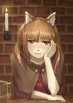  &gt;:d 1girl :d absurdres blush brown_hair candle chin_rest cloak cup eyebrows_visible_through_hair fangs fingernails highres holo long_fingernails long_hair mug open_mouth pouch red_eyes smile solo spice_and_wolf youzi_(small_shabao) 