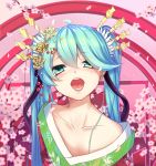  1girl ahoge bangs black_ribbon blush cherry_blossoms collarbone eyebrows_visible_through_hair green_eyes green_hair hair_between_eyes hair_ornament hair_ribbon hatsune_miku headwear hei_huo_chong highres japanese_clothes kimono long_hair looking_at_viewer makeup mascara nose_blush off_shoulder open_mouth petals pink_lips ribbon solo teeth tongue twintails upper_body vocaloid 