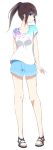  1girl aa_(sin2324) alternate_costume blue_shorts brown_hair full_body hakama-chan_(aa) highres original ponytail sandals shirt short_shorts shorts solo t-shirt white_background 