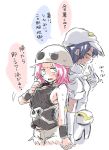  2girls aether_foundation_employee black_hair blush cabbie_hat dark_skin flipped_hair gloves hand_holding hat hot multiple_girls npc_trainer pink_eyes pink_hair pokemon pokemon_(game) pokemon_sm short_hair short_sleeves skull_hat sweat tank_top team_skull team_skull_grunt translation_request unya white_gloves white_hat wristband 