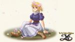  1girl blonde_hair blush company_name copyright_name elena_stoddart flower flower_wreath head_wreath highres looking_at_viewer official_art short_hair sitting skirt smile solo violet_eyes ys ys_iii_wanderers_of_ys 