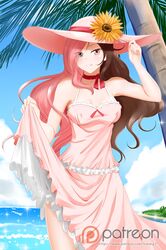  1girl alfred_cullado black_hair blue_skirt breasts brown_hair choker cleavage clouds dress dress_lift flower hair_over_one_eye hat heterochromia highres long_hair medium_breasts multicolored_hair neo_(rwby) ocean palm_tree patreon_logo pink_eyes pink_hair ribbon_choker rwby skirt smile solo sunflower thighs tree water watermark web_address 