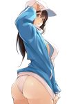  1girl arm_up ass baseball_cap black_hair blue_eyes blush breasts cowboy_shot from_side hair_between_eyes hand_on_headwear hat jacket jacket_tug kekemotsu large_breasts long_hair long_sleeves looking_at_viewer open_clothes open_jacket open_mouth original simple_background sleeves_past_wrists solo swimsuit swimsuit_under_clothes track_jacket turtleneck white_background white_swimsuit 