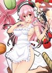  1girl apron artist_request barefoot blush breasts finger_licking food fruit headphones large_breasts licking long_hair looking_at_viewer macaron naked_apron nitroplus open_mouth pink_eyes pink_hair sideboob smile solo strawberry super_sonico tongue tongue_out whipped_cream whisk 