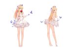  1girl :o alternate_costume blonde_hair blue_eyes blush breasts butterfly cleavage dress dress_lift fake_wings flower frilled_dress frills full_body gloves high_heels jewelry large_breasts long_hair necklace official_art red_rose rose saratoga_(zhan_jian_shao_nyu) short_dress solo strapless strapless_dress suisai. tiara torn_clothes torn_dress torn_gloves transparent_background under_boob white_dress white_gloves wince wings zhan_jian_shao_nyu 