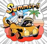  2girls bkub_(style) car chibi driving granblue_fantasy ground_vehicle hat korwa long_hair lunaru_(granblue_fantasy) matsuki_tou motor_vehicle multiple_girls parody straw_hat style_parody summer sunglasses 