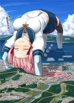  1girl akashi_(kantai_collection) all_fours arm_warmers blue_skirt blush breasts bridge cityscape clenched_teeth closed_eyes giantess headband ichikawa_feesu kantai_collection large_breasts long_hair map navel pink_hair pleated_skirt remodel_(kantai_collection) river school_uniform serafuku ship skirt sky solo teeth thigh-highs translation_request upside-down water watercraft 