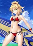  1girl bikini blonde_hair bracelet breasts clouds cowboy_shot day fate/apocrypha fate/grand_order fate_(series) front-tie_top green_eyes highres jewelry long_hair looking_at_viewer marubonman outdoors ponytail red_bikini saber_of_red side-tie_bikini small_breasts smile solo standing surfboard swimsuit 
