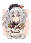  &gt;:) 1girl absurdres beret crossed_arms double-breasted epaulettes grey_hair hat highres jacket kantai_collection kashima_(kantai_collection) kerchief long_hair long_sleeves sakakiba_misogi silver_hair smile solo two_side_up white_jacket 
