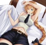  1girl belt black_bow black_legwear black_necktie blonde_hair blue_eyes bow braid breasts eyebrows_visible_through_hair fate/grand_order fate_(series) hair_bow large_breasts long_hair looking_away lying navel necktie on_back one_eye_closed pillow ruler_(fate/apocrypha) solo thigh-highs yami_kyon_oov 