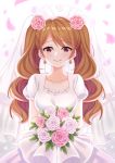  1girl artist_request blush bouquet bridal_veil brown_hair charlotte_pudding curly_hair dress earrings flower hair_flower hair_ornament jewelry kitsuneco leaf long_hair multicolored_hair one_piece petals simple_background solo twintails two-tone_hair upper_body veil wedding_dress white_background 