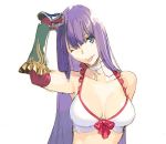  1girl ;p bare_shoulders bikini blue_eyes breasts choker cleavage collarbone elbow_gloves fate/grand_order fate_(series) gloves long_hair looking_at_viewer medium_breasts one_eye_closed pako purple_hair red_gloves saint_martha saint_martha_(swimsuit_ruler)_(fate) simple_background smile solo swimsuit tongue tongue_out upper_body white_background white_bikini 