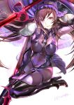  119 1girl bodysuit boots brown_eyes brown_hairband covered_navel dual_wielding fate/grand_order fate_(series) headwear high_heels highres polearm scathach_(fate/grand_order) shoulder_pads solo spear thigh-highs thigh_boots weapon 
