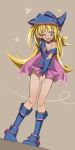 1girl bare_shoulders blonde_hair blue_boots blush boots breasts choker cleavage dark_magician_girl duel_monster green_eyes hat long_hair one_eye_closed open_mouth pentacle solo wizard_hat yu-gi-oh! yuu-gi-ou_duel_monsters zuttokodomo 