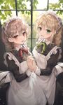  2girls absurdres apron bangs black_dress blonde_hair blush braid dress duyu green_eyes green_neckwear green_ribbon highres holding_hands indoors long_hair long_sleeves looking_at_viewer maid maid_headdress multiple_girls neck_ribbon open_mouth original plant red_eyes red_neckwear red_ribbon ribbon silver_hair smile standing white_apron window 