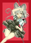  1girl animal_ears bangs black_shoes black_skirt capelet dowsing_rod grey_hair highres holding ishikkoro miniskirt mouse_ears mouse_tail nazrin open_mouth orange_eyes red_background shoes short_sleeves skirt smile socks solo tail touhou white_legwear 