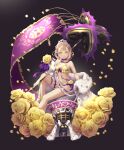  1girl bikini black_background blonde_hair bow braid briar_rose_(sinoalice) cape closed_mouth crown doll flag flower fur_trim green_eyes highres holding holding_weapon looking_at_viewer nagi_(nightmare-cat) petals plant racequeen rose short_hair simple_background sinoalice sitting smile solo swimsuit thorns vines weapon yellow_flower yellow_rose 