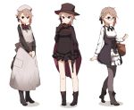  1girl amonitto ange_(princess_principal) blue_eyes boots bow bowtie braid brown_hair cape commentary_request dress french_braid frilled_skirt frills glasses gloves gun hair_ribbon handgun hat long_skirt looking_at_viewer multiple_views nurse princess_principal revolver ribbon short_dress short_hair side_braid simple_background skirt solo top_hat underbust variations victorian weapon white_background 