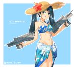  1girl :q bikini_top black_hair blue_background blue_eyes blush dual_wielding floral_print flower hat hat_flower isuzu_(kantai_collection) kantai_collection long_hair looking_at_viewer navel sarong solo sun_hat tongue tongue_out twintails twitter_username yamashiki_(orca_buteo) 