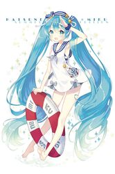  1girl absurdly_long_hair aqua_eyes aqua_hair barefoot blush character_name dress full_body hat hatsune_miku highres innertube long_hair looking_at_viewer manle open_mouth sailor_dress sailor_hat salute solo twintails very_long_hair vocaloid 