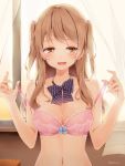  1girl bangs blush bow bowtie bra breasts brown_eyes brown_hair cleavage commentary_request curtains half-closed_eyes hazuki_natsu lace lace-trimmed_bra long_hair looking_at_viewer medium_breasts navel open_mouth original pink_bra smile solo strap_pull striped striped_bow striped_bowtie twitter_username two_side_up underwear upper_body window 
