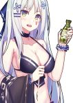  1girl bangs bottle breasts cleavage collarbone echj girls_frontline grey_hair hair_ornament hairclip hand_up highres hk416_(girls_frontline) holding holding_bottle large_breasts long_hair looking_at_viewer lotion navel open_mouth smile solo sunscreen teeth upper_body white_hair 