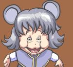  1girl animal_ears grey_hair looking_at_viewer lowres meme mouse_ears nazrin open_mouth profitshame puffy_cheeks short_hair simple_background solo squinting touhou 