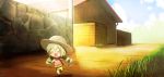  1girl alternate_costume anchovy blush_stickers chibi closed_eyes commentary drill_hair girls_und_panzer green_hair hat house jinguu_(4839ms) long_hair open_mouth road running rural solo straw_hat sun_hat sunlight twin_drills younger 