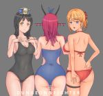  3girls absurdres ass back bangs bare_arms bare_shoulders bikini bikini_pull black_hair black_swimsuit blonde_hair blue_bow blue_eyes blue_swimsuit bow breasts character_name cleavage copyright_name covered_navel cowboy_shot demon_horns dkflkkldf dungeon_and_fighter eyebrows_visible_through_hair eyelashes from_behind gluteal_fold grey_background hair_bow hair_ornament hairband hat head_fins highres horns large_breasts legs_together long_hair looking_at_viewer looking_back multiple_girls one-piece_swimsuit ponytail pulled_by_self red_bikini red_bow redhead school_swimsuit short_hair shoulder_blades sideboob simple_background skindentation smile standing strapless strapless_swimsuit swimsuit thigh_gap yellow_eyes 