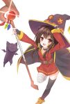  1girl bandage bandaged_leg belt brown_hair button_eyes cape cat choker chomusuke commentary fingerless_gloves gloves hashiko_no_woto hat highres kono_subarashii_sekai_ni_shukufuku_wo! megumin mismatched_legwear pose red_eyes short_hair_with_long_locks single_thighhigh staff thigh-highs white_background witch_hat 