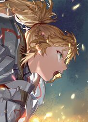  1girl armor blonde_hair braid commentary_request fate/apocrypha fate_(series) french_braid green_eyes holy_pumpkin open_mouth ponytail profile saber_of_red scrunchie shouting sidelocks solo teeth 