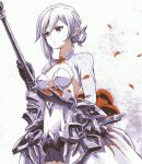  1girl armor dress grey_eyes highres petals short_hair silver_hair sinoalice snow_white_(sinoalice) solo ume_(yume_uta_da) weapon 