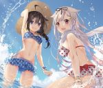  2girls :d absurdres ahoge bikini black_ribbon blonde_hair blue_bikini blue_eyes braid brown_hair frilled_bikini frills hair_flaps hair_ornament hair_ribbon hairclip hat highres kantai_collection kona_(mmmkona) long_hair multiple_girls open_mouth partially_submerged polka_dot polka_dot_bikini red_eyes remodel_(kantai_collection) ribbon shigure_(kantai_collection) short_hair single_braid smile swimsuit water white_bikini yuudachi_(kantai_collection) 