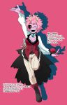  1girl ;d alternate_costume antennae arm_up ashido_mina black_sclera boku_no_hero_academia boots breasts cleavage full_body highres long_sleeves looking_at_viewer one_eye_closed open_mouth pants pink_background pink_hair pink_skin see-through short_hair silverstar017 simple_background smile teeth text translation_request yellow_eyes 