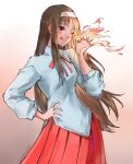  1girl ;q blue_eyes breasts brown_hair fire hairband hand_on_hip highres kenshin187 long_hair long_skirt ok_sign one_eye_closed pleated_skirt red_skirt school_uniform skirt small_breasts solo tohno_akiha tongue tongue_out tsukihime 