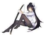  1girl bangs bilan_hangxian black_hair black_legwear blunt_bangs breasts closed_mouth eyebrows_visible_through_hair from_side full_body gloves half_gloves holding holding_sword holding_weapon katana knee_up long_hair long_sleeves looking_at_viewer medium_breasts military military_uniform no_shoes pantyhose pleated_skirt ponytail sheath sheathed simple_background sitting skirt solo sword takao_(bilan_hangxian) thighband_pantyhose thighs tsurime uniform very_long_hair weapon white_background white_gloves white_skirt yellow_eyes yue_(pixiv4635680) 