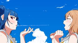  2girls aircraft arm_up arms_up bangs bird blue_hair blunt_bangs blush brown_hair closed_eyes clouds day hair_bun kunikida_hanamaru long_hair looking_at_viewer love_live! love_live!_sunshine!! multiple_girls open_mouth outdoors red_eyes school_uniform serafuku short_sleeves sky sweat telephoto 