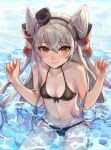  1girl 2017 amatsukaze_(kantai_collection) artist_name bikini black_bikini breasts brown_eyes cleavage dated hair_tubes highres kantai_collection lf_(paro) long_hair looking_at_viewer partially_submerged silver_hair sitting small_breasts smile solo swimsuit twintails two_side_up water windsock 