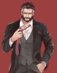  1boy absurdres adjusting_clothes adjusting_necktie beard black_hair character_request ck_(26982497) cowboy_shot facial_hair formal girls_frontline hand_in_pocket highres looking_away male_focus necktie red_background red_necktie scar solo standing suit 