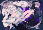  2girls ass ass_grab blue_eyes character_name crotch_plate fate/extra fate/extra_ccc fate/grand_order fate_(series) greaves highres long_hair meltlilith mochizuki_kei multiple_girls purple_hair sleeves_past_wrists 