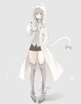  1girl :p animal_ears animal_hood bangs black_shorts cat_ears cat_hood cat_tail coat eyebrows_visible_through_hair full_body green_eyes grey_background grey_hair grey_legwear hand_in_pocket hand_up highres hood long_hair looking_at_viewer monocle open_clothes open_coat original over-kneehighs pigeon-toed roller_skates shorts simple_background skates solo standing stethoscope tail thigh-highs thighs tlla tongue tongue_out 