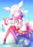  1girl absurdres bangs blunt_bangs closed_eyes eyebrows_visible_through_hair frilled_sleeves frills fur_collar gloves gradient_hair highres japanese_crested_ibis_(kemono_friends) kemono_friends long_hair mary_janes multicolored_hair music open_mouth orange_skirt outdoors pantyhose purple_hair red_gloves red_legwear shoes sidelocks silver_hair singing sitting skirt solo white_flower white_hair yamadori_ofuu 