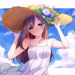  1girl aqua_eyes arms_up bare_arms bare_shoulders blush breasts brown_hair clouds cloudy_sky collarbone day dress flower hair_flower hair_ornament hands_on_headwear hat hat_flower hozumi_rino long_hair looking_at_viewer medium_breasts original outdoors sky solo straw_hat sundress upper_body w_arms white_dress wind wind_lift 