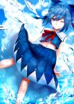  1girl adapted_costume blue blue_eyes blue_hair blue_sky cirno clouds hair_ribbon highres ice ice_wings looking_at_viewer navel neck_ribbon one_eye_closed ribbon sailor_collar short_hair skirt sky smile sofy solo touhou water wings 